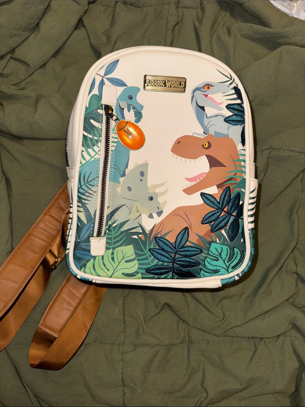 Jurassic World White Dinosaur Backpack with Brown Straps